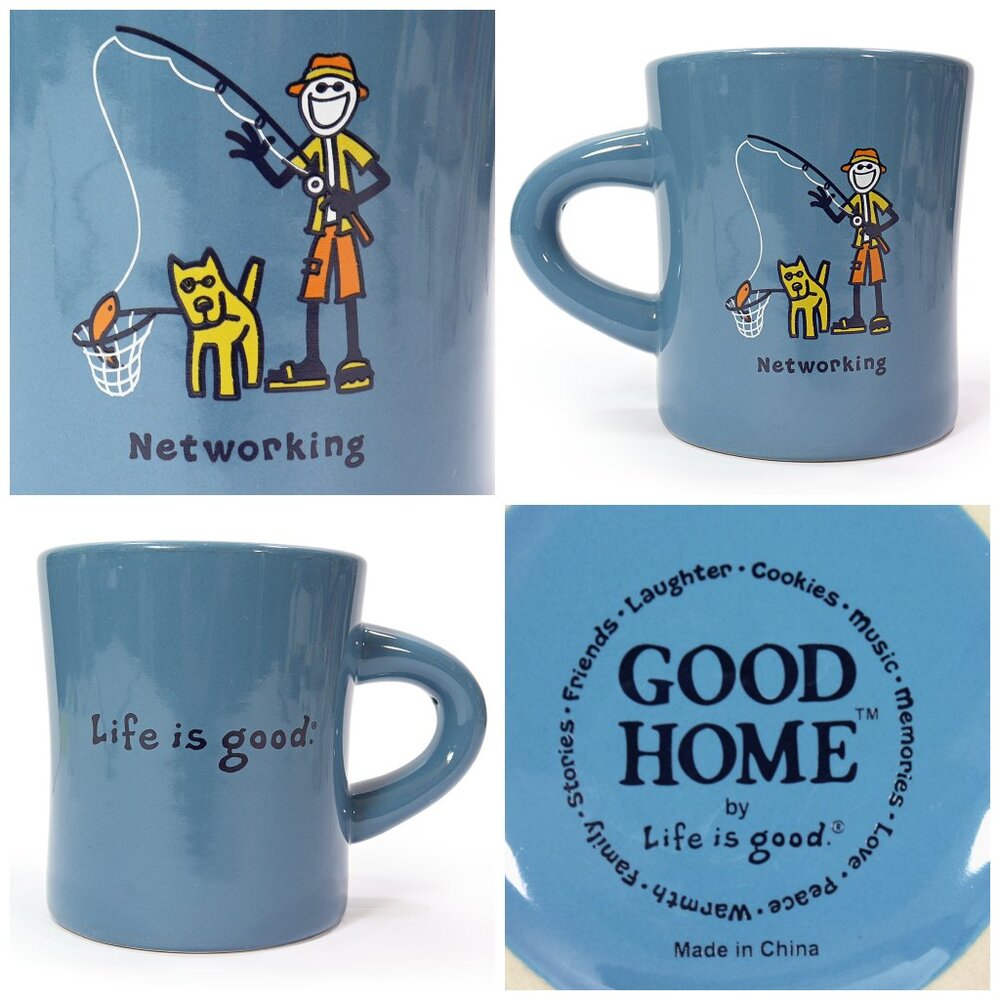 Life is Good Mug Blue Networking Man & Dog Fishing Graphic Heavy Diner Style Cup